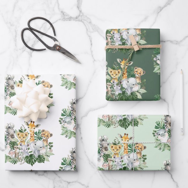 Tropical Safari Animals Jungle Greenery Wildes Par Geschenkpapier Set (Vorderseite)
