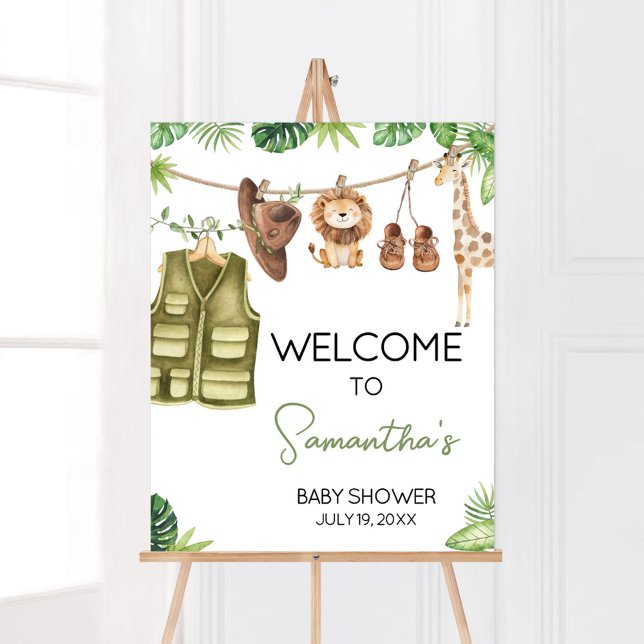Tropical Safari Jungle Animes Begrüßungszeichen Poster (Tropical Safari Jungle Animals Clothesline Baby Shower Welcome Sign)