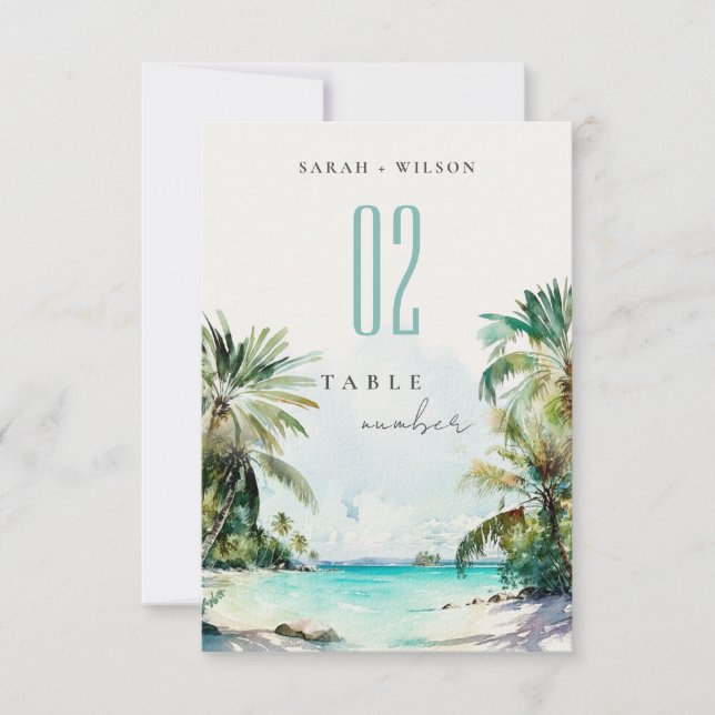 Tropical Sand Beach Palm Tree Hochzeit Tischnummer (Vorderseite)