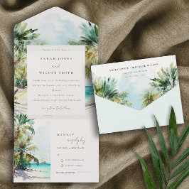 Tropical Sand Beach Watercolor Palmen Hochzeit All In One Einladung