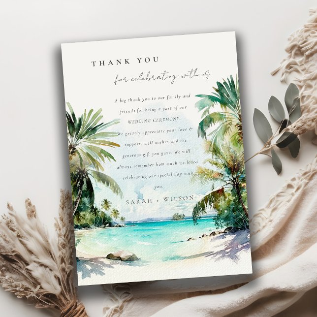 Tropical Sand Beach Watercolor Palmen Hochzeit Dankeskarte (Von Creator hochgeladen)