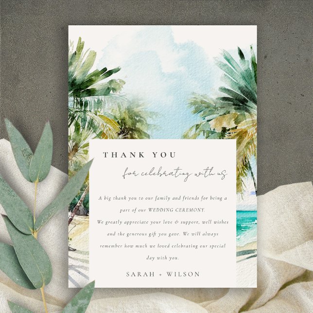 Tropical Sand Beach Watercolor Palmen Hochzeit Dankeskarte (Von Creator hochgeladen)