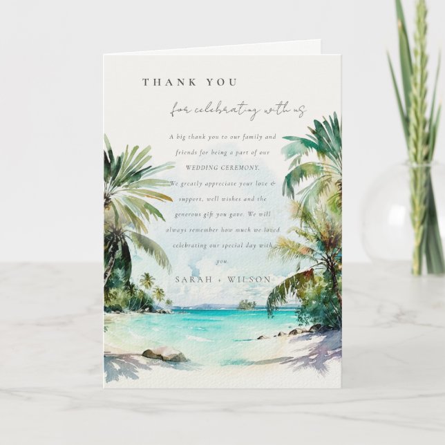 Tropical Sand Beach Watercolor Palmen Hochzeit Dankeskarte (Vorderseite)