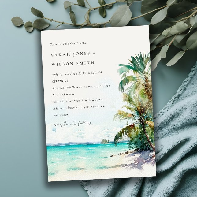 Tropical Sand Beach Watercolor Palmen Hochzeit Einladung (Von Creator hochgeladen)