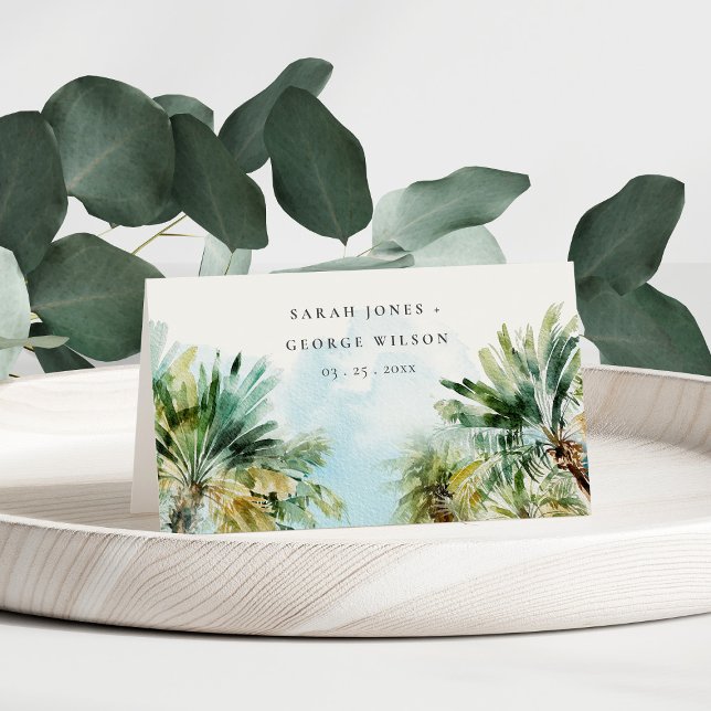 Tropical Sand Beach Watercolor Palmen Hochzeit Platzkarte (Von Creator hochgeladen)