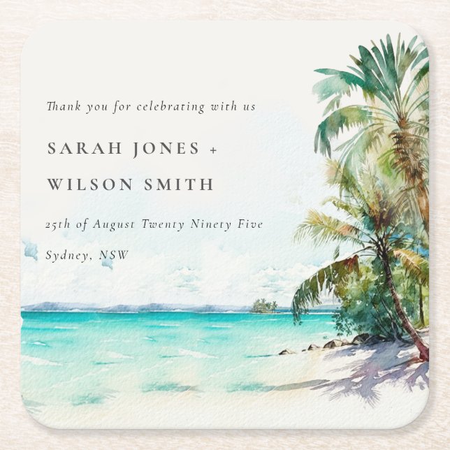 Tropical Sand Beach Watercolor Palmen Hochzeit Rechteckiger Pappuntersetzer (Vorderseite)