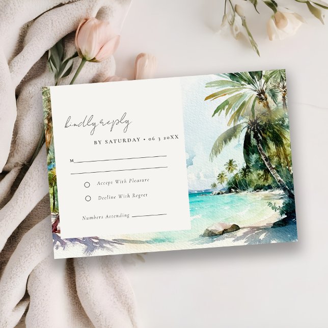 Tropical Sand Beach Watercolor Palmen Hochzeit RSVP Karte (Von Creator hochgeladen)