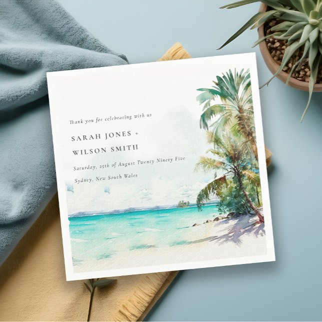 Tropical Sand Beach Watercolor Palmen Hochzeit Serviette (Von Creator hochgeladen)