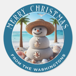 Tropical Sand Snowman Personalisiert Weihnachten Runder Aufkleber