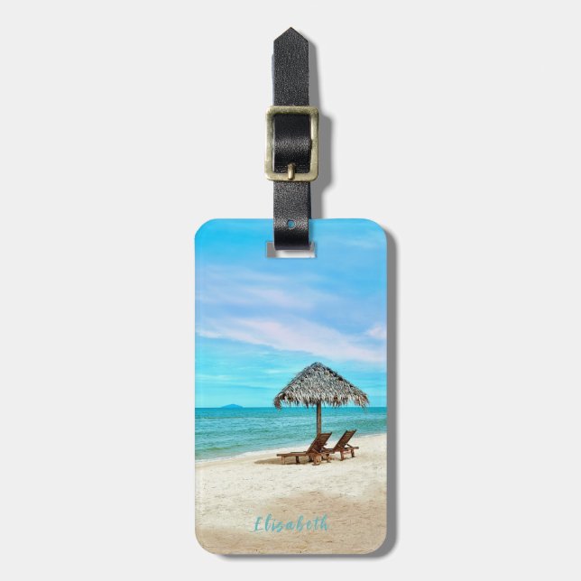 Tropical Sandy Beach Individuelle Name Gepäckanhänger (Vorderseite vertikal)