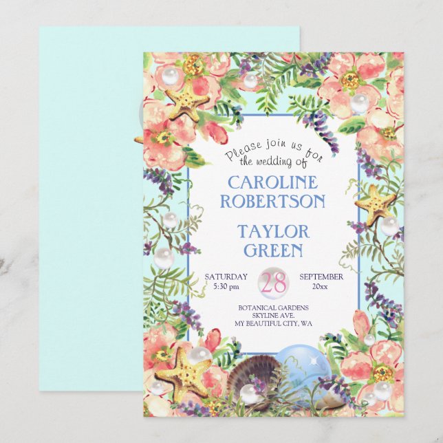 Tropical Sandy Beach Rose Seashell Pearl Wedding Einladung (Vorne/Hinten)