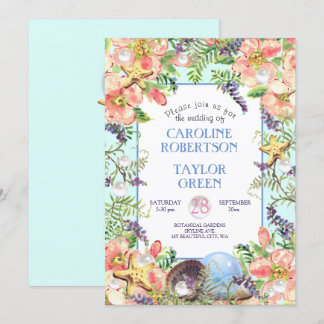 Tropical Sandy Beach Rose Seashell Pearl Wedding Einladung