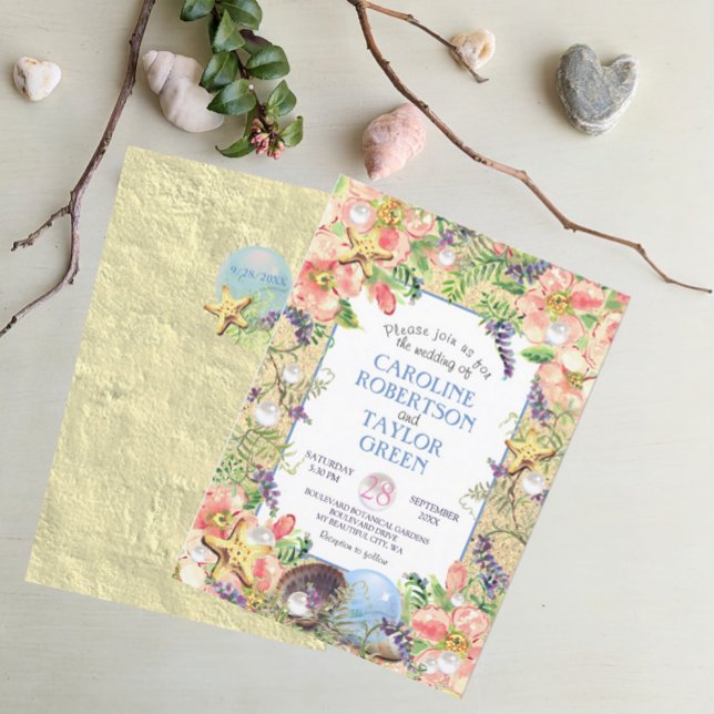 Tropical Sandy Beach Rose Seashell Pearl Wedding Einladung (Von Creator hochgeladen)