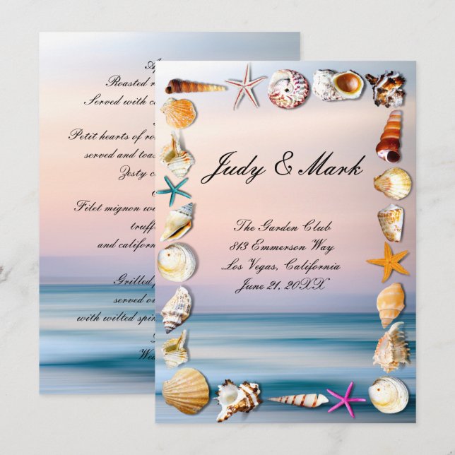 Tropical Sandy Beach & Seashells Wedding Menu Card Menükarte (Vorne/Hinten)