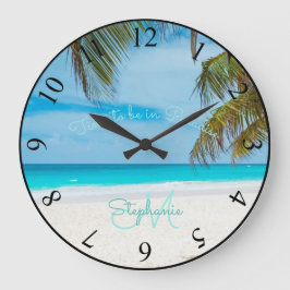 Tropical Sandy Beach Türkis Monogram Palm Tree Große Wanduhr