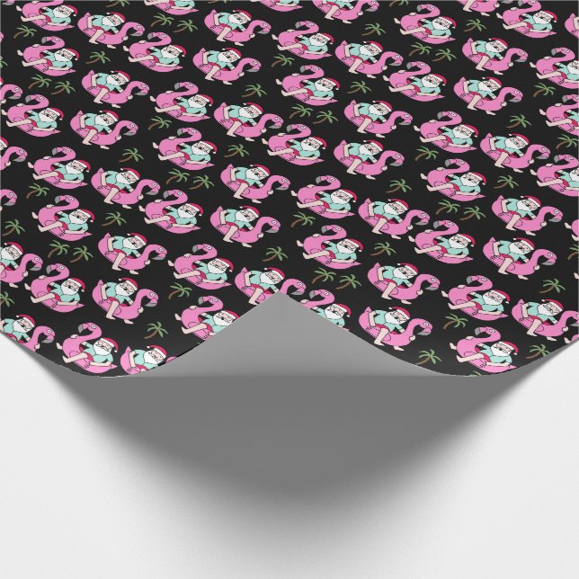 Tropical Santa Flamingo Floß schwarz Geschenkpapier (Ecke)
