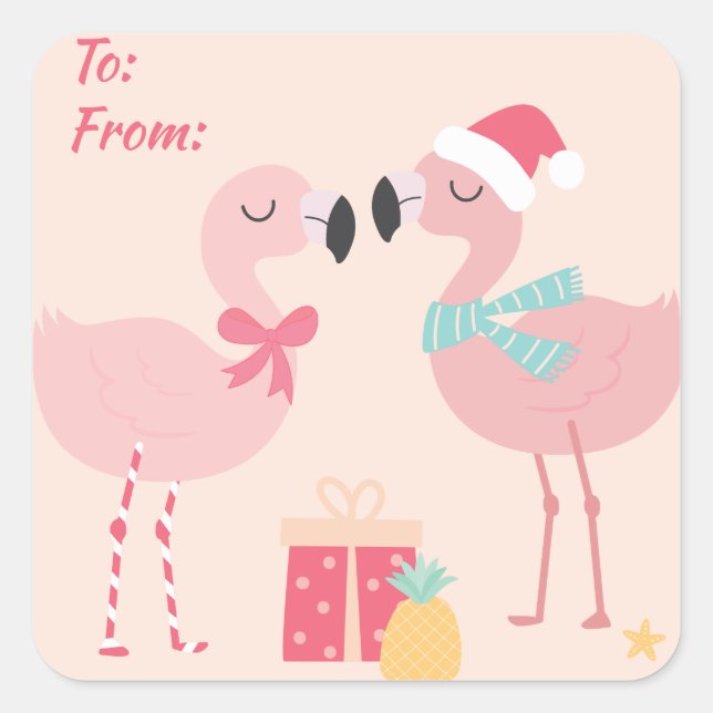 Tropical Santa Flamingo's - Weihnachten Quadratischer Aufkleber (Vorderseite)