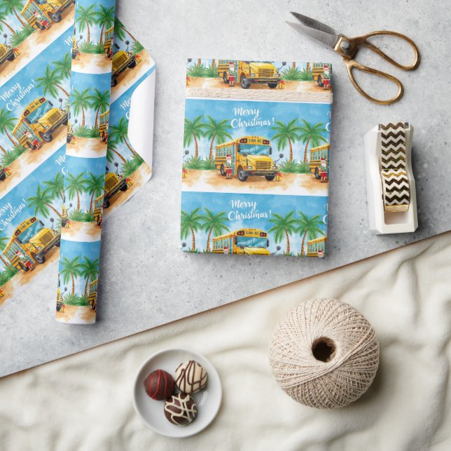 Tropical School Bus Christmas with Santa  Geschenkpapier (Kunsthandwerk)