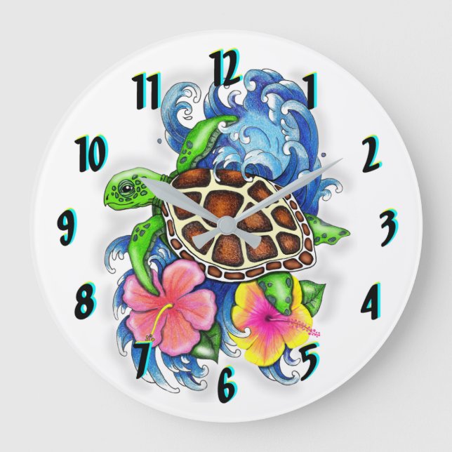 Tropical Sea Turtle and Hibiscus Flowers Große Wanduhr (Vorderseite)