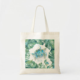 Tropical Sea Turtle and Palm Leaves Tragetasche