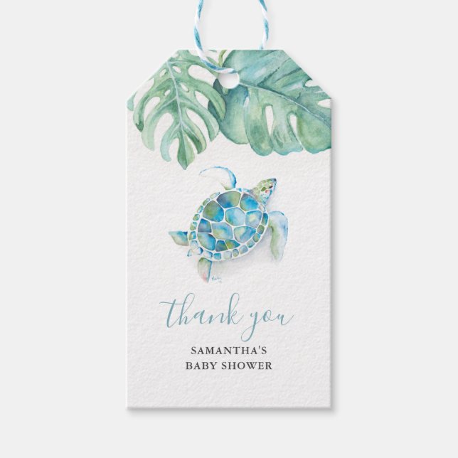 Tropical Sea Turtle Baby Dusche Aquarell Geschenkanhänger (Vorderseite)