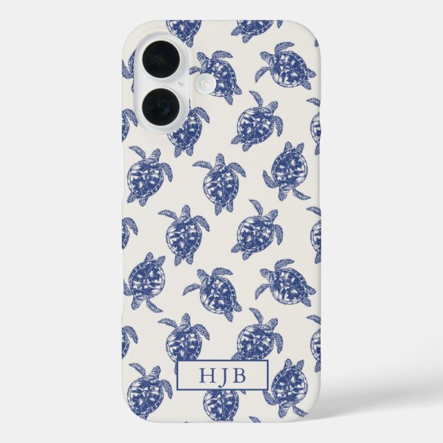 Tropical Sea Turtle Blue Sketch Monogram iPhone 16 Hülle (Rückseite)