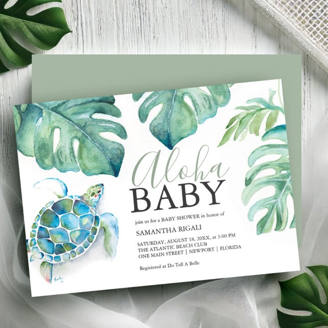 Tropical Sea Turtle Monstera Blätter Baby Show Einladung (Tropical baby shower theme watercolor sea turtle & palm leaf art Victoria Griglaiunas DoTellABelle)