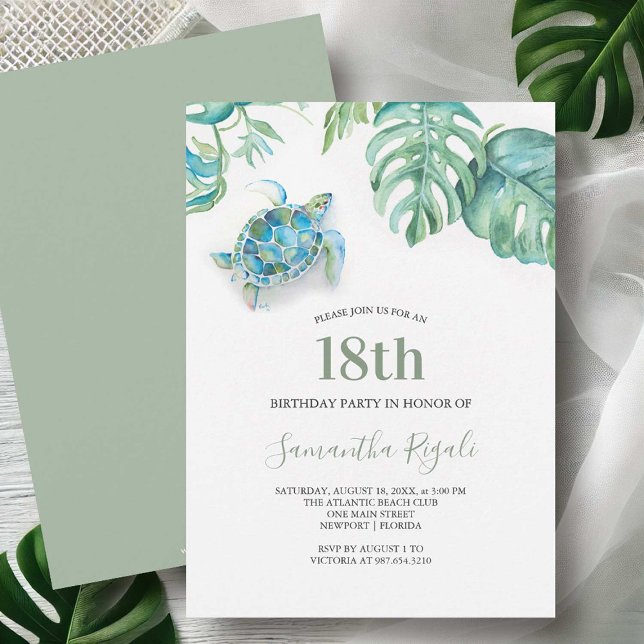 Tropical Sea Turtle Watercolor Birthday Einladung (18th birthday invitations watercolor sea turtle & palm leaf art by Victoria Grigaliunas DoTellABelle)