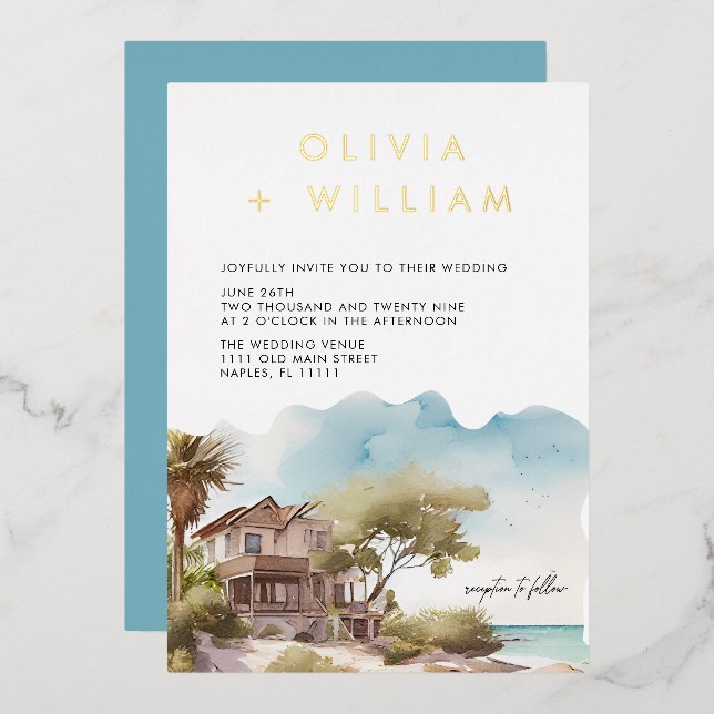 Tropical Seascape Beach Wedding Foil Invitation (Recto/Verso)