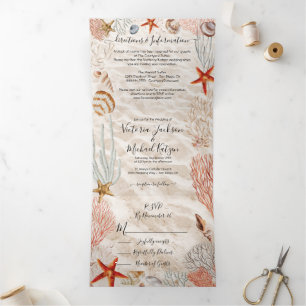 Tropical Seashell and Coral Sandy Beach Wedding Tr Dreifach Gefaltete Einladung
