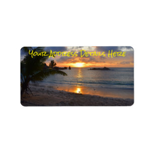 Tropical Seychelles Island Palm Tree Beach Sunset Adressaufkleber