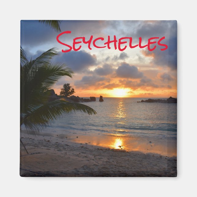Tropical Seychelles Island Palm Tree Beach Sunset Magnet (Vorne)