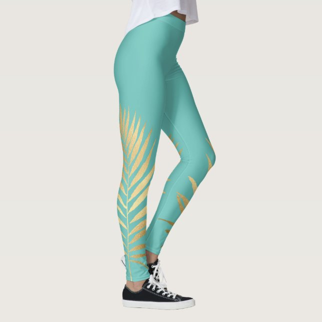 Tropical Shimmer Gold Palm Blätter Soft Aqua Blue Leggings (Rechts)