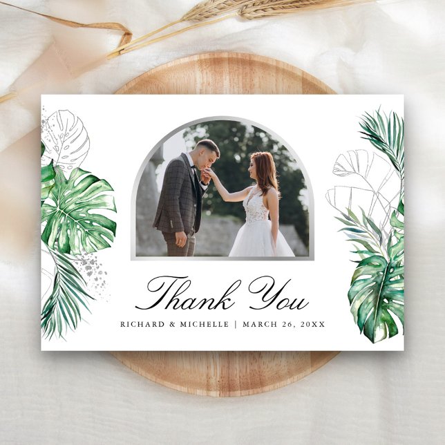 Tropical Silver Palm Arch Foto Wedding Dankeskarte (Von Creator hochgeladen)