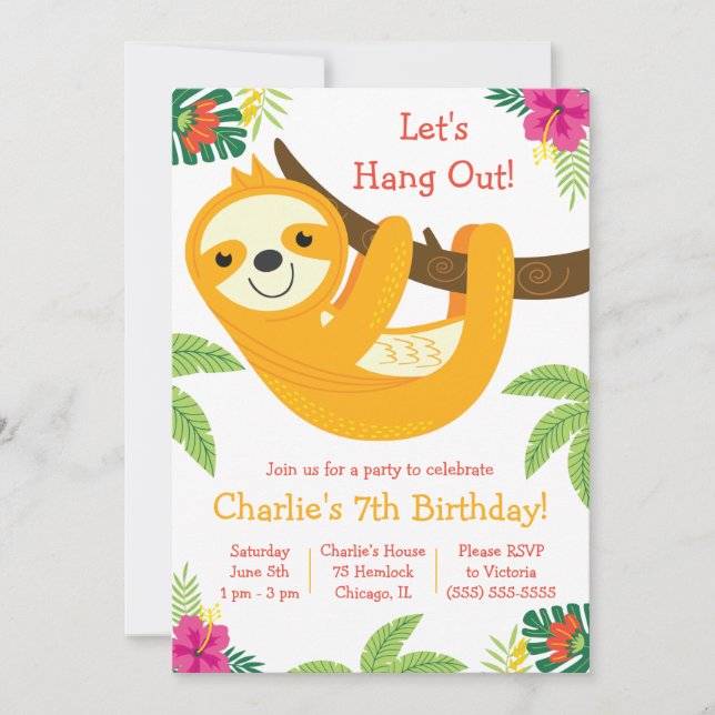 Tropical Sloth Birthday Party Einladung (Vorderseite)
