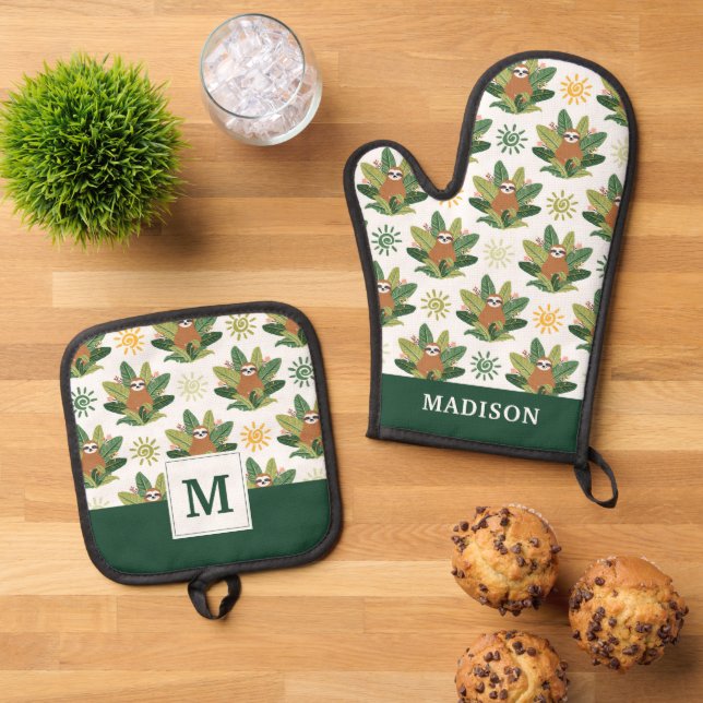 Tropical Sloth Pattern Ofenhandschuh & Topflappen-Set (Oben Unten)