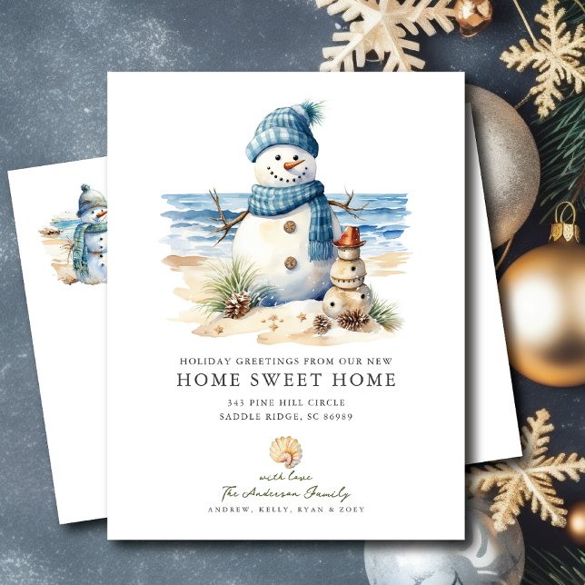 Tropical Snowman Christmas Moving Announcement  Ankündigungspostkarte (Von Creator hochgeladen)