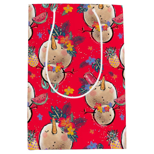Tropical Snowman Red Christmas Bag Mittlere Geschenktüte (Vorderseite)