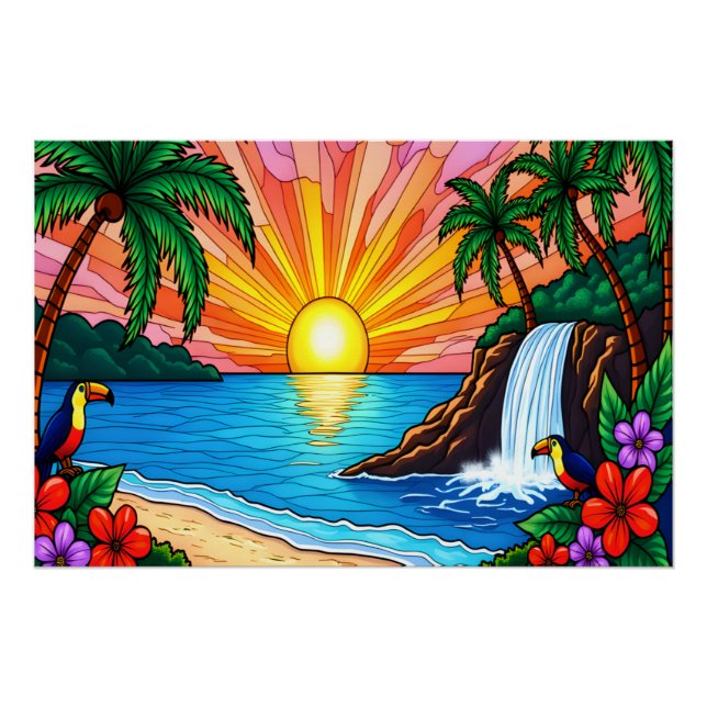Tropical Stained Glass Sunset Poster (Devant)