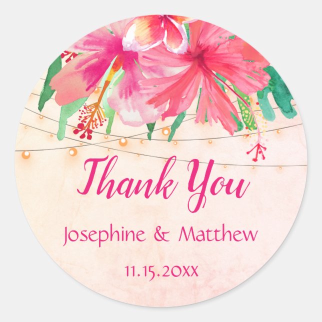 Tropical String Lights Floral Wedding Vielen Dank Runder Aufkleber (Vorderseite)