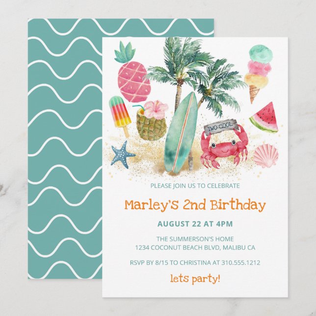 Tropical Summer Beach 2. Geburtstag Party Einladung (Vorne/Hinten)