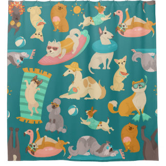 tropical summer beach dogs party cute duschvorhang