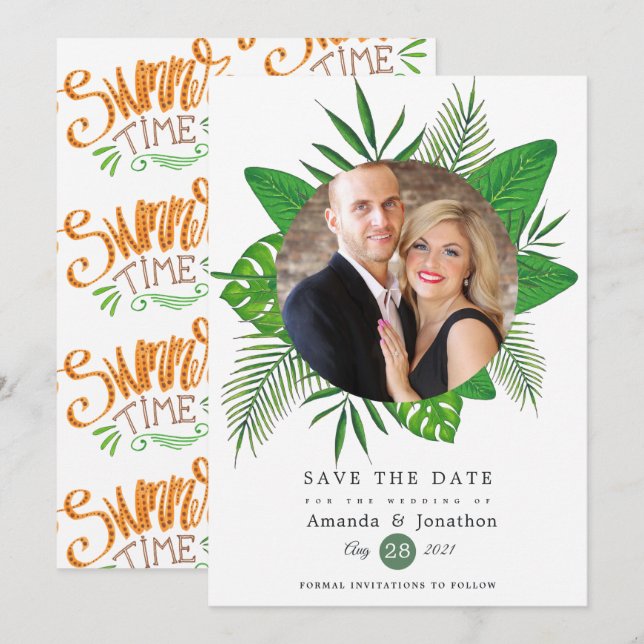 Tropical Summer Beach Foto Wedding Save The Date (Vorne/Hinten)