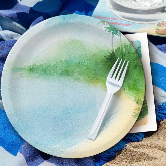 Tropical Summer Beach Watercolor Ocean Bay Pappteller (Summer tropical beach theme party plates from my Baby on Board baby shower collection)