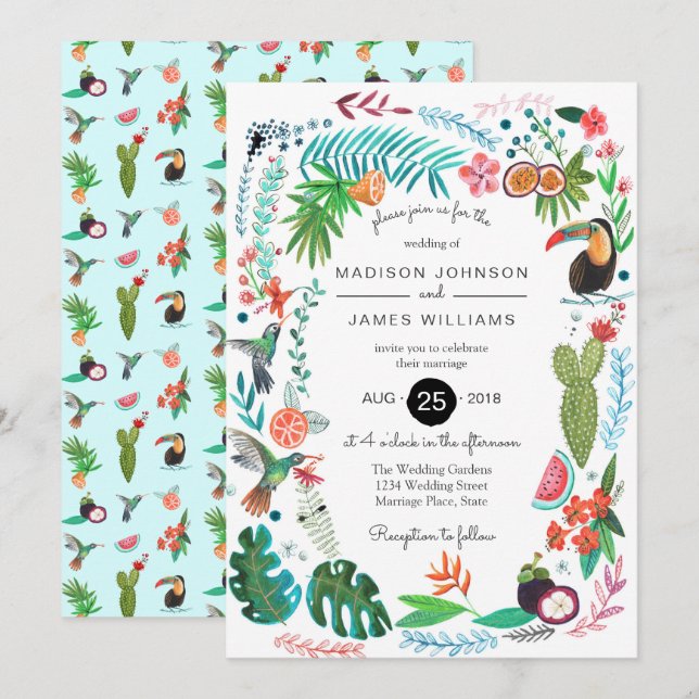 Tropical Summer Birds | Einladungen zur Hochzeit (Vorne/Hinten)