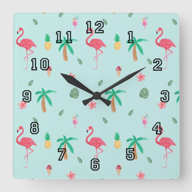 Tropical Summer Flamingo Blue Bedroom Collection Quadratische Wanduhr (Vorderseite)