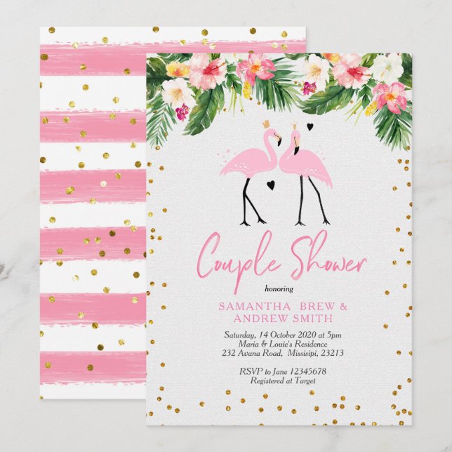 Tropical Summer Flamingo Couple Dusche Einladung (Vorne/Hinten)