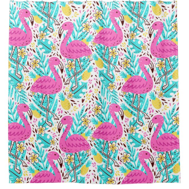 Tropical Summer Flamingo: Helle Muster Elemente Duschvorhang (Vorderseite)