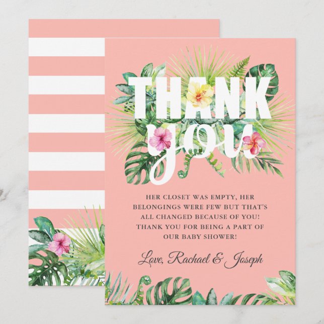 Tropical Summer Floral Coral Baby Dusche Dankeskarte (Vorne/Hinten)
