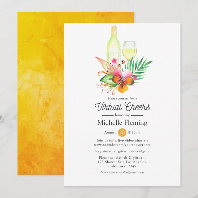 Tropical Summer Floral Wine Virtual Brautparty Einladung (Vorne/Hinten)